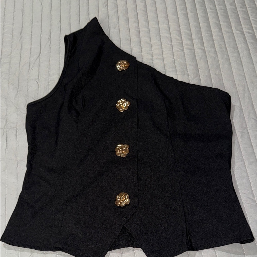 SHEIN Black One-Shoulder Top with Gold Accents